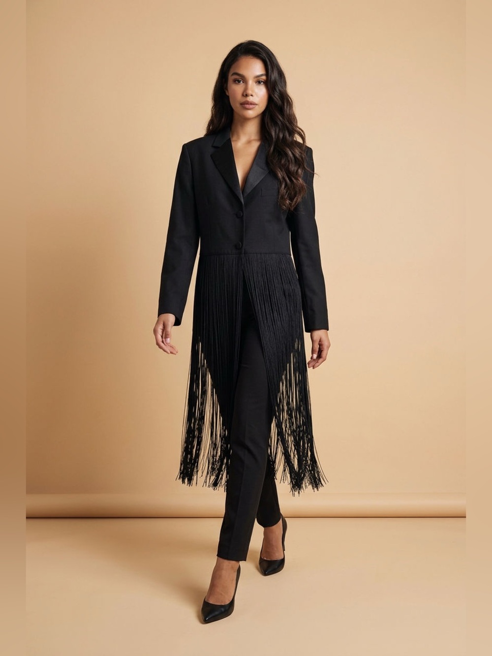 Upcycled Black tuxedo style Fringe Blazer size L